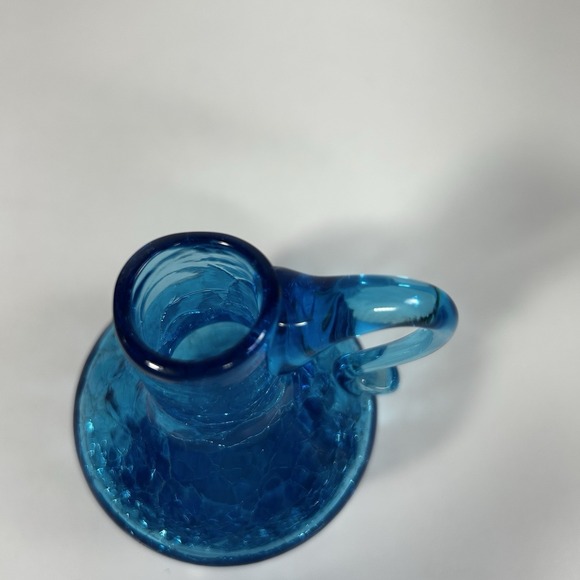 Vintage Blue Crackle Glass Mini Pitcher 4" Hand Blown Applied Handle - Picture 4 of 6